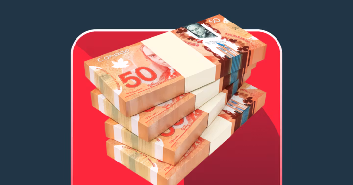 Stacks of Canadian fifty-dollar bills representing cricket betting payouts in CA$