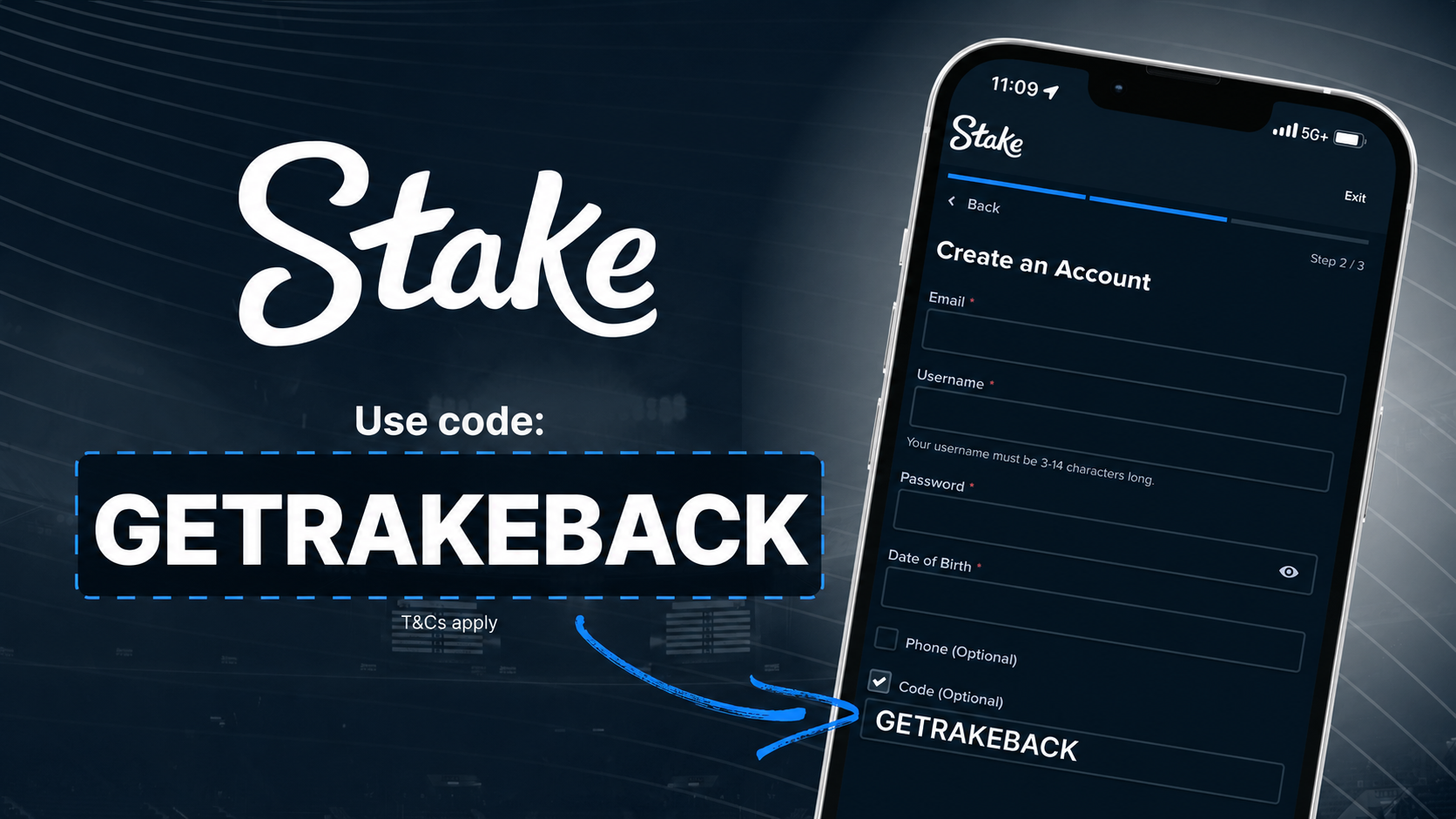Stake sign-up form with promo code GETRAKEBACK entered in the Code (Optional) field
